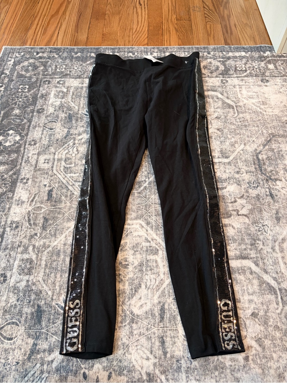 GUESS Black Straight-Leg Pants with Sequin Side Stripes